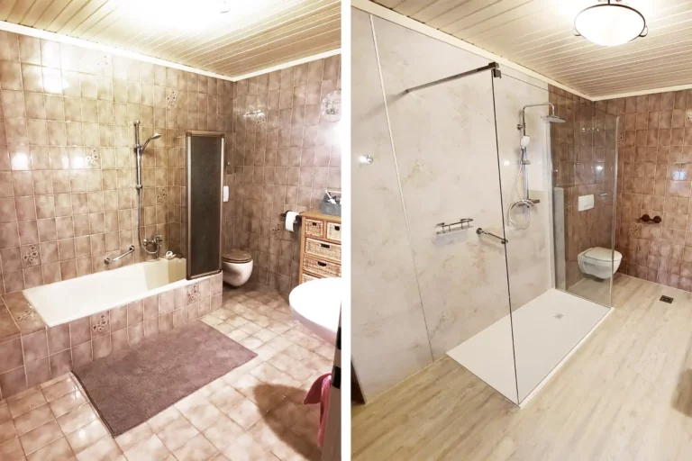 Badmodernisierung: 'Badewanne raus, Dusche rein' im direkten Vorher-Nachher-Vergleich.
