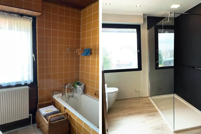 Vorher/Nachher-Bilder einer Badsanierung, wo 'Dusche statt Badewanne' realisiert wurde.