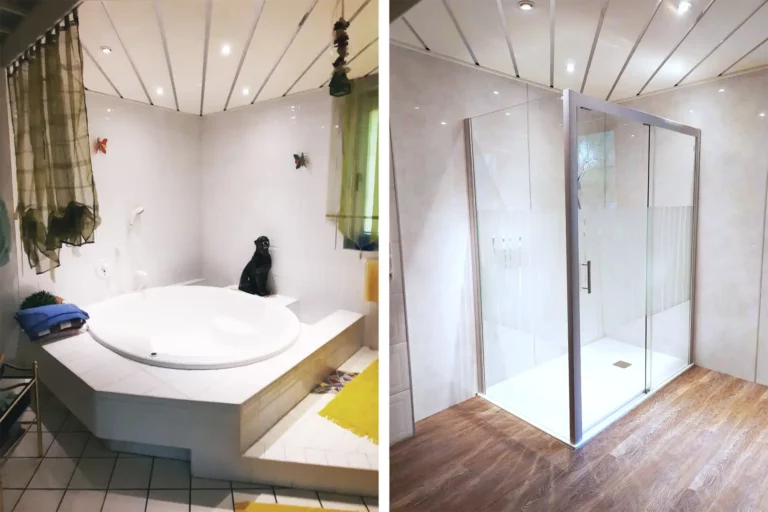 Vorher/Nachher Badsanierung: Wanne raus, Dusche rein - Umbau mit heller, moderner Duschkabine anstelle einer großen Eckbadewanne, beleuchtet durch Deckenspots.