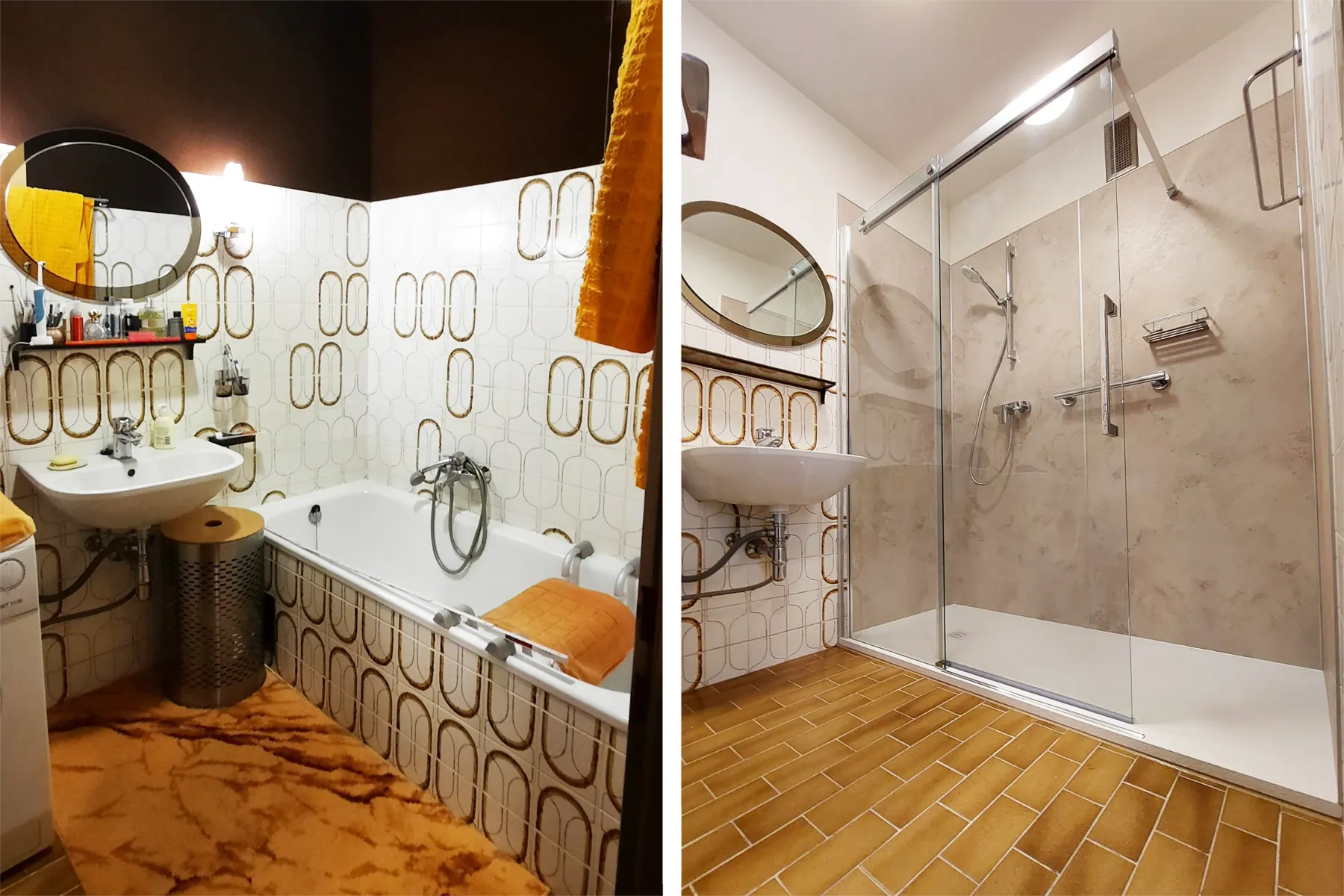 Badmodernisierung: 'Badewanne raus, Dusche rein' im direkten Vorher-Nachher-Vergleich.